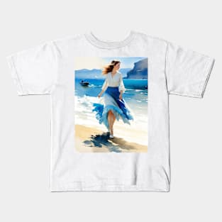 woman walking by the beach Kids T-Shirt